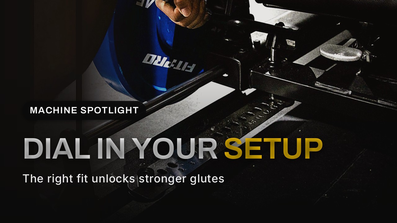 GluteZone hip thrust machine 16-point seat adjustment rail close-up with plate-loaded weight horn