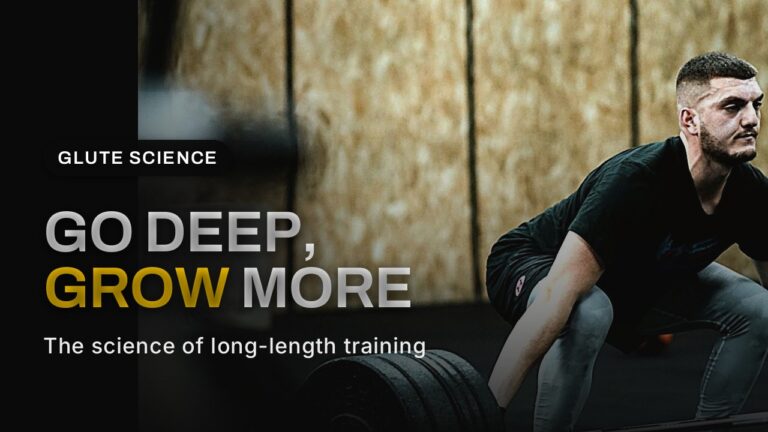 Athlete in a deep loaded hinge position in a dark gym, cover for the loaded stretch glute science article
