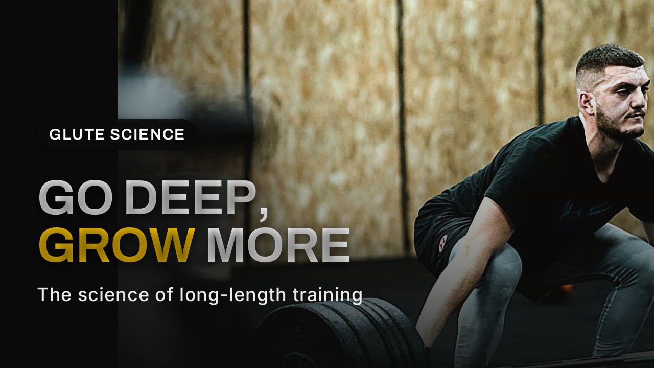 Athlete in a deep loaded hinge position in a dark gym, cover for the loaded stretch glute science article