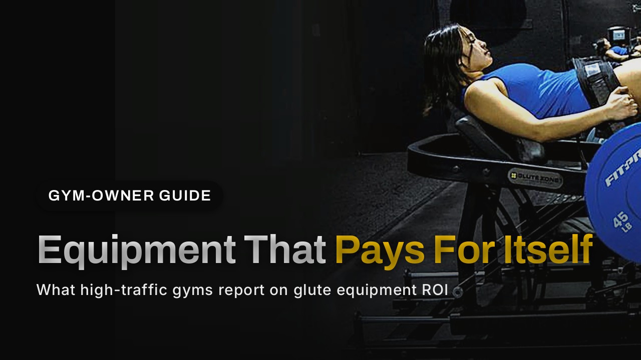 GluteZone cover: woman training on the commercial Hip Thrust Machine with the headline Equipment That Pays For Itself