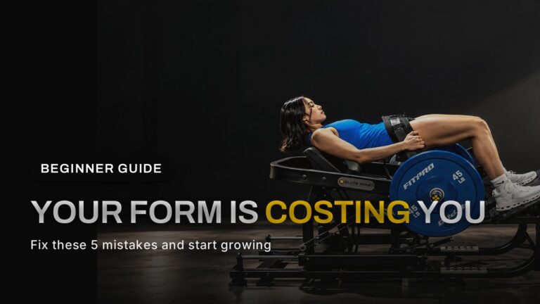 Mujer haciendo hip thrust en la máquina comercial de hip thrust de GluteZone en un gimnasio con iluminación dramática