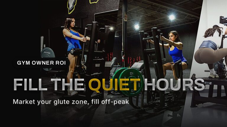 Glute zone with hip thrust and standing glute machines in a commercial gym, cover for marketing a glute zone and filling off-peak hours