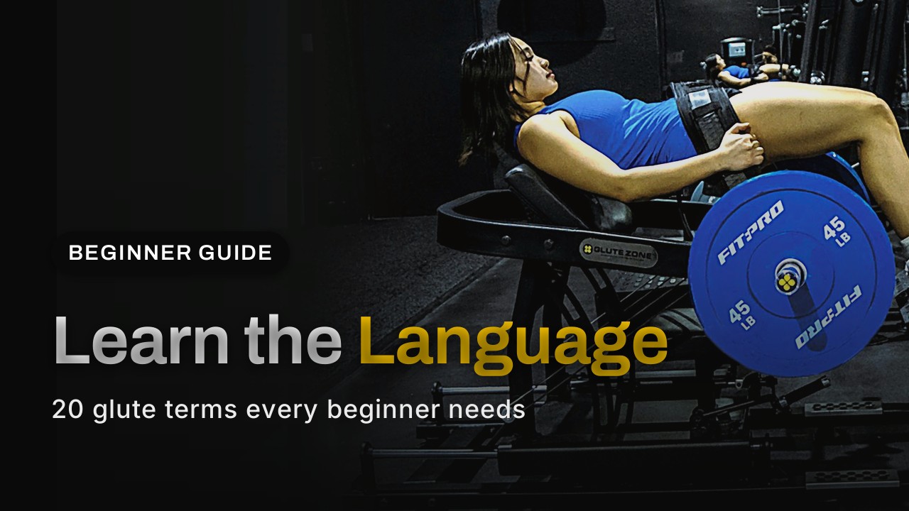 Woman using a GluteZone Hip Thrust Machine in a gym, glute training for beginners