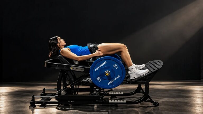 Woman at full lockout on a GluteZone Hip Thrust Machine loaded with blue 45 lb plates in a studio.