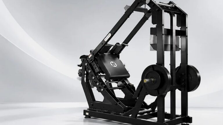 GluteZone Pendulum Squat machine, plate loaded, studio side view