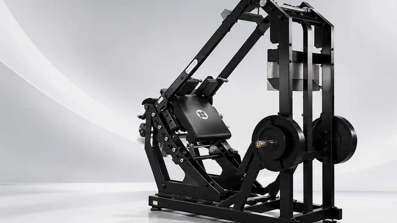 GluteZone Pendulum Squat machine, plate loaded, studio side view